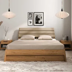 Wohnen Betten|Betten*Wildeiche Holzbett mit Polsterkopfteil in Beige - Favorite