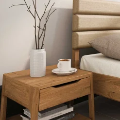 Wohnen Betten|Betten*Wildeiche Holzbett mit Polsterkopfteil in Beige - Favorite