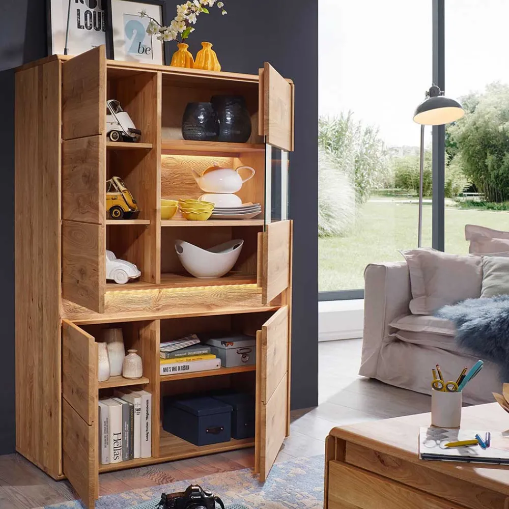 Wohnen Esszimmerschränke|Highboards*Wildeiche Wohnzimmerschrank mit Glas Einsatz - Acmida