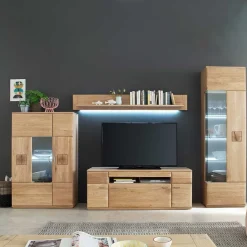 Wohnen Wohnzimmerschränke|Wohnwände*Wohnkombination in Eiche Bianco teilmassiv Pontros optional mit LED (vierteilig)