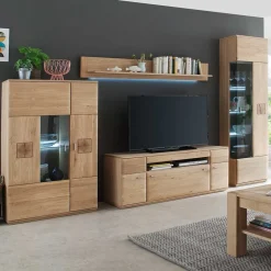 Wohnen Wohnzimmerschränke|Wohnwände*Wohnkombination in Eiche Bianco teilmassiv Pontros optional mit LED (vierteilig)