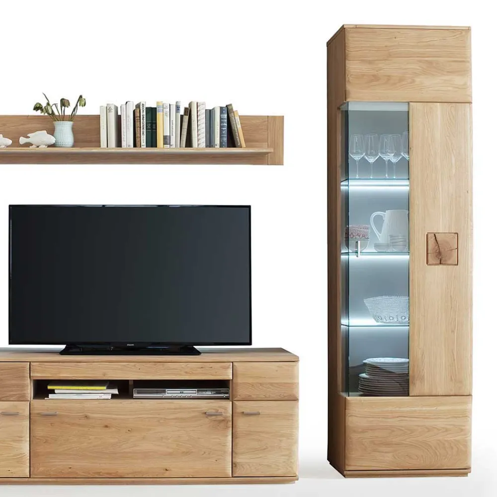 Wohnen Wohnzimmerschränke|Wohnwände*Wohnkombination in Eiche Bianco teilmassiv Pontros optional mit LED (vierteilig)