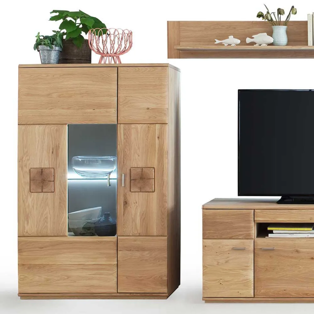 Wohnen Wohnzimmerschränke|Wohnwände*Wohnkombination in Eiche Bianco teilmassiv Pontros optional mit LED (vierteilig)