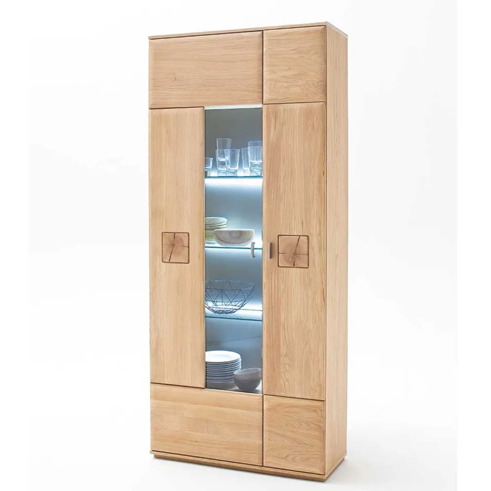 Wohnen Wohnraum Vitrinenschrank Pontros in Eiche Bianco teilmassiv