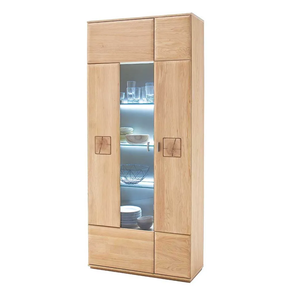 Wohnen Wohnraum Vitrinenschrank Pontros in Eiche Bianco teilmassiv