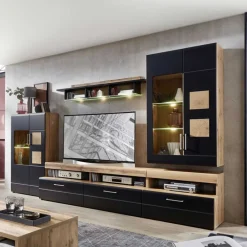 Wohnen Wohnwände|Wohnwand*Wohnwand in Schwarz & Wildeiche - Kandu (fünfteilig)