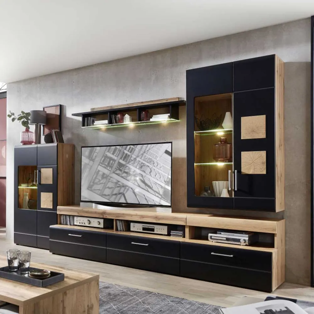 Wohnen Wohnwände|Wohnwand*Wohnwand in Schwarz & Wildeiche - Kandu (fünfteilig)