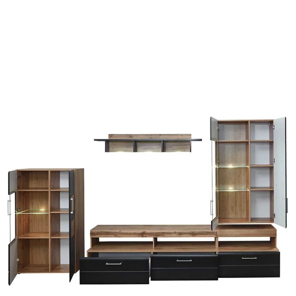 Wohnen Wohnwände|Wohnwand*Wohnwand in Schwarz & Wildeiche - Kandu (fünfteilig)