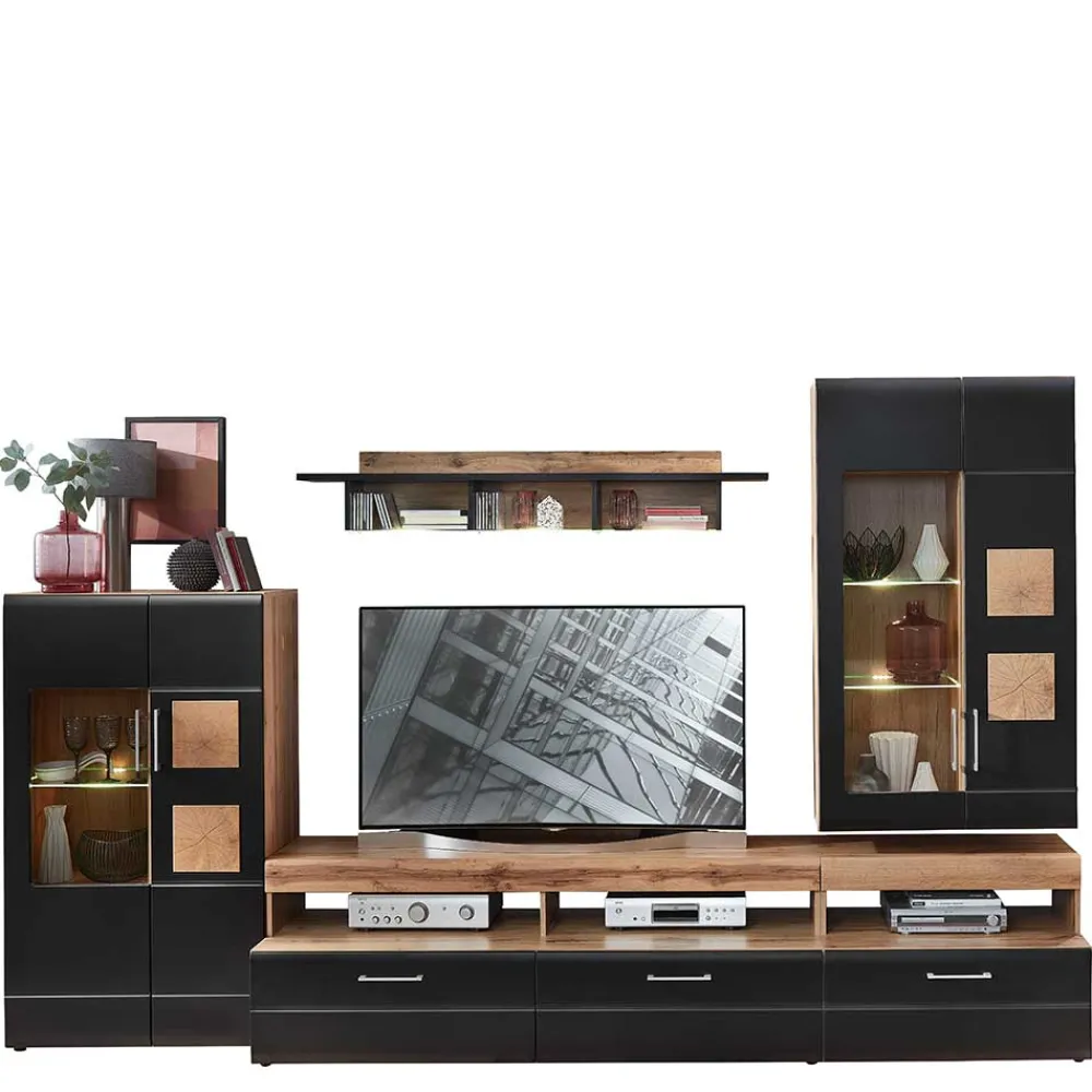 Wohnen Wohnwände|Wohnwand*Wohnwand in Schwarz & Wildeiche - Kandu (fünfteilig)