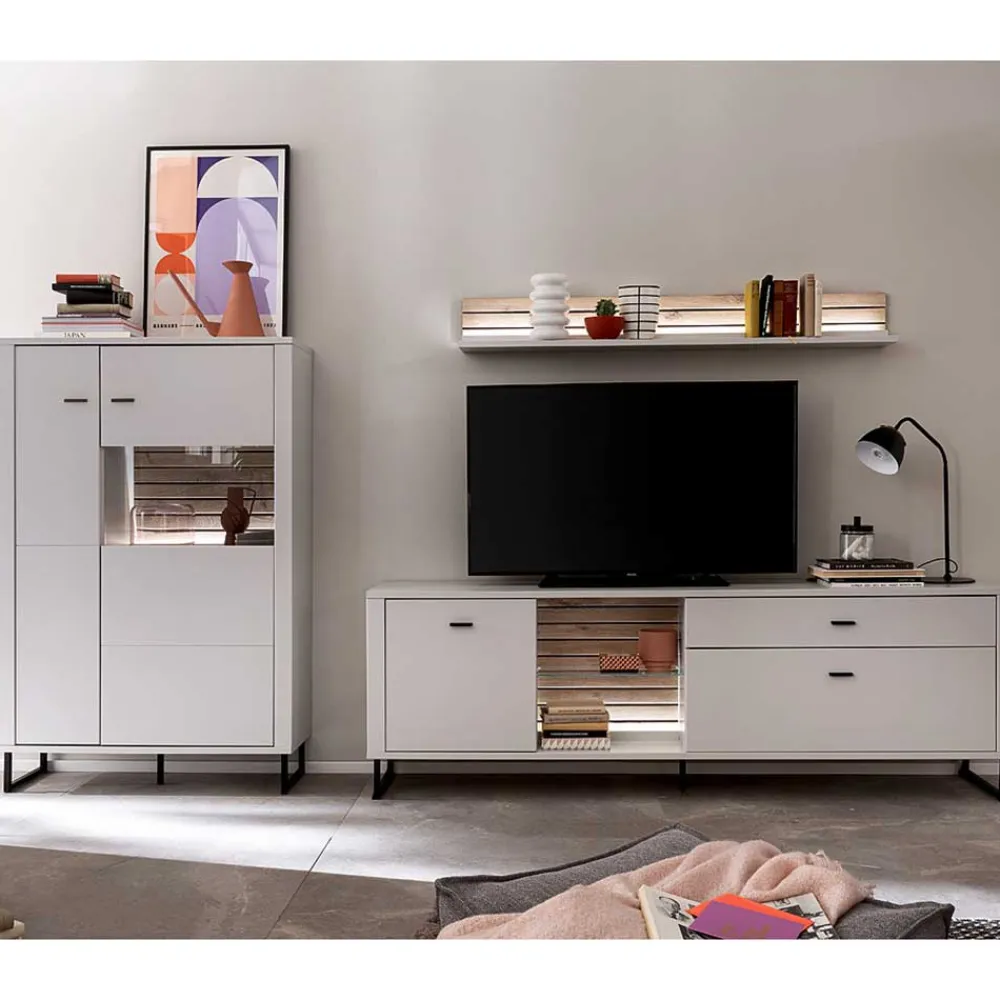 Wohnen Wohnwand in Weiß mit Wildeiche - Varzino (dreiteilig)