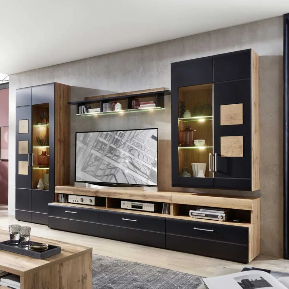 Wohnen Wohnwand Möbel in Schwarz & Wildeiche - Kandu (fünfteilig)