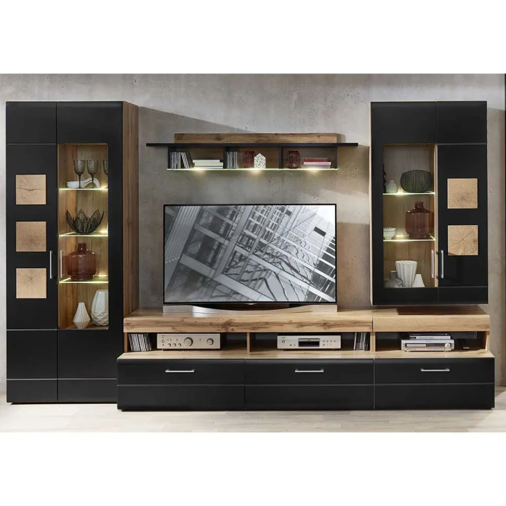 Wohnen Wohnwand Möbel in Schwarz & Wildeiche - Kandu (fünfteilig)