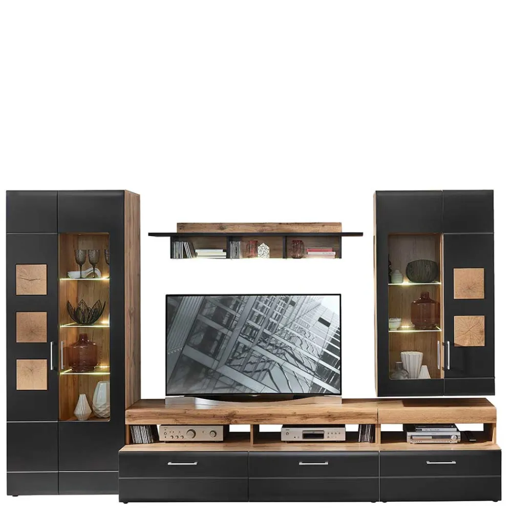Wohnen Wohnwand Möbel in Schwarz & Wildeiche - Kandu (fünfteilig)