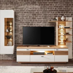 Wohnen Wohnwände|Wohnwand*Wohnzimmer Anbauwand in Weiß mit Wildeiche - Niam (dreiteilig)