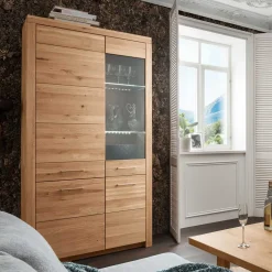 Wohnen Wohnzimmer Massivholzschrank mit Glas Einsatz - Loitons
