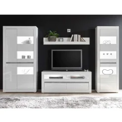 Wohnen Wohnwände|Wohnwand*Wohnzimmer Möbel Programm in Hochglanz Weiß Mextra mit Beton Dekpr (vierteilig)