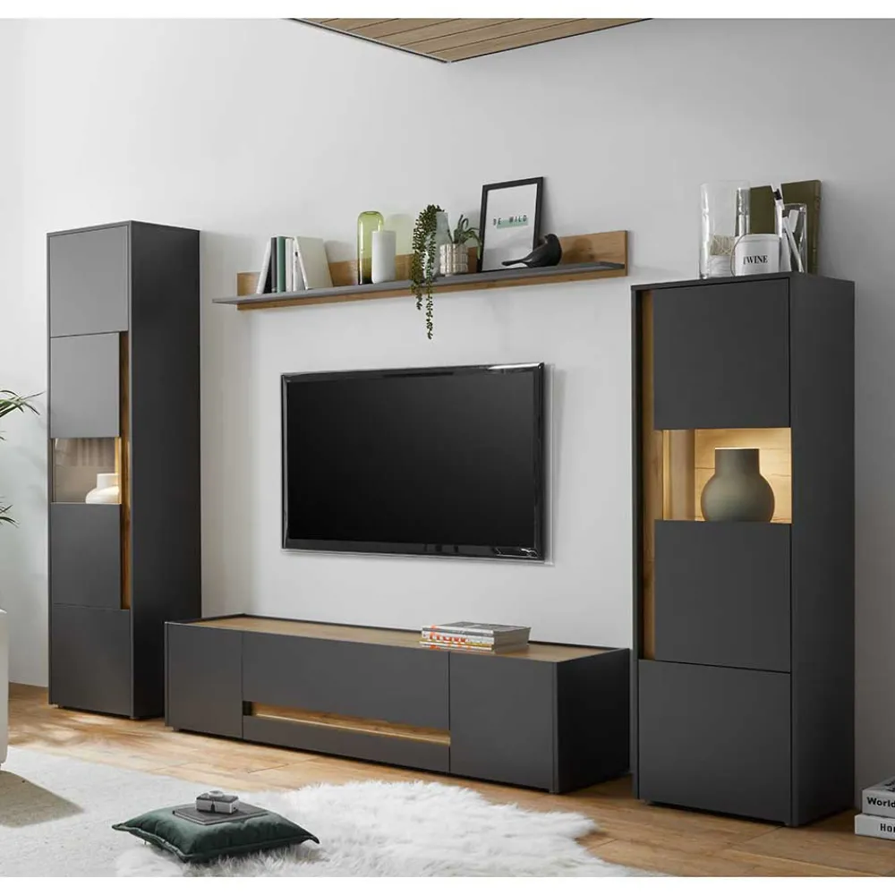 Wohnen Graue Möbel|Wohnwände*Wohnzimmer Möbel Wohnwand günstig - Ahilav (vierteilig)