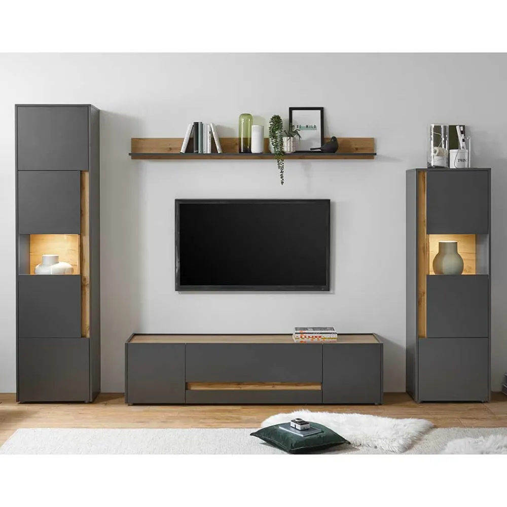 Wohnen Graue Möbel|Wohnwände*Wohnzimmer Möbel Wohnwand günstig - Ahilav (vierteilig)