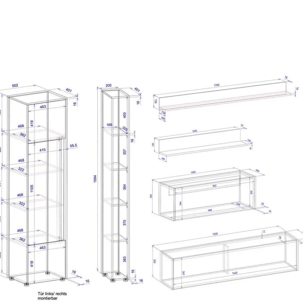 Wohnen Wohnzimmer Schrank Kombi in Anthrazit - Ahilav (sechsteilig)