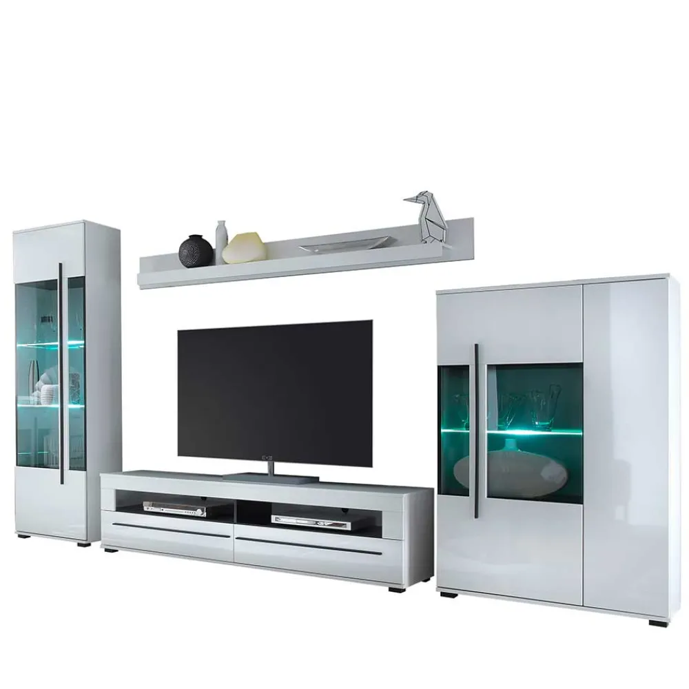 Wohnen Wohnzimmer Schrankwand Eila in Hochglanz Weiß (vierteilig)