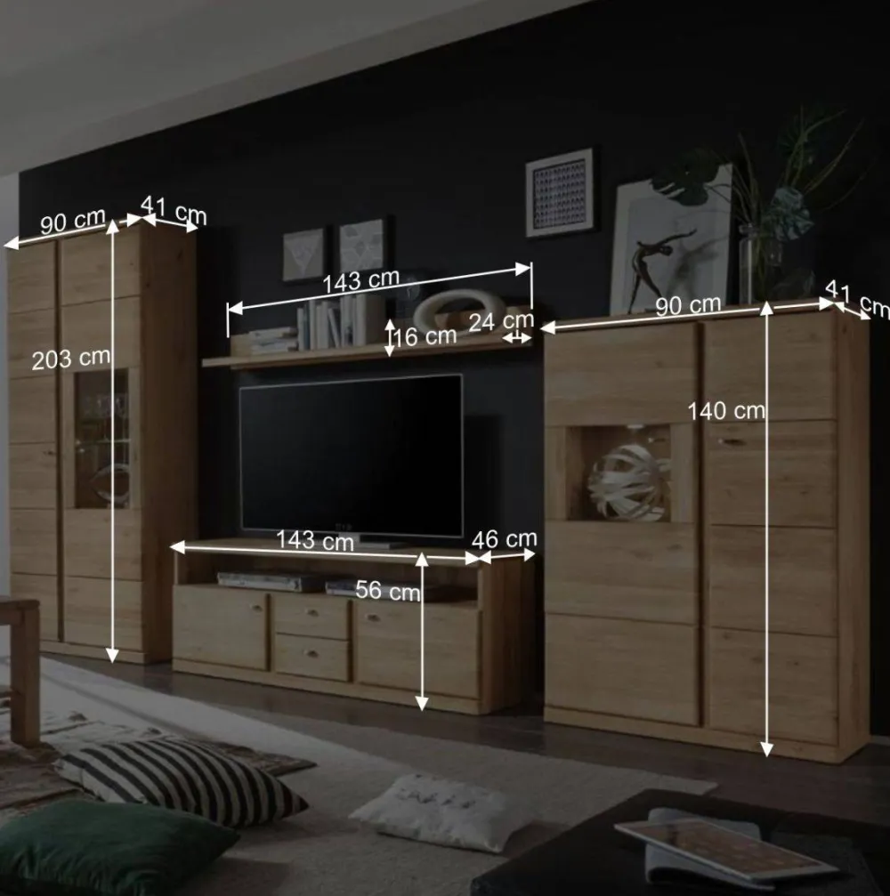 Wohnen Wohnzimmer Schrankwand Smonia aus Wildeiche hell (vierteilig)