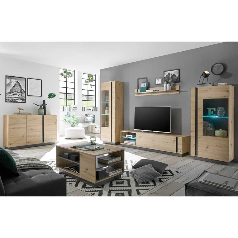 Wohnen Glasmöbel|Wohnzimmer Komplett*Wohnzimmermöbel inklusive Sofatisch - Lairian (sechsteilig)