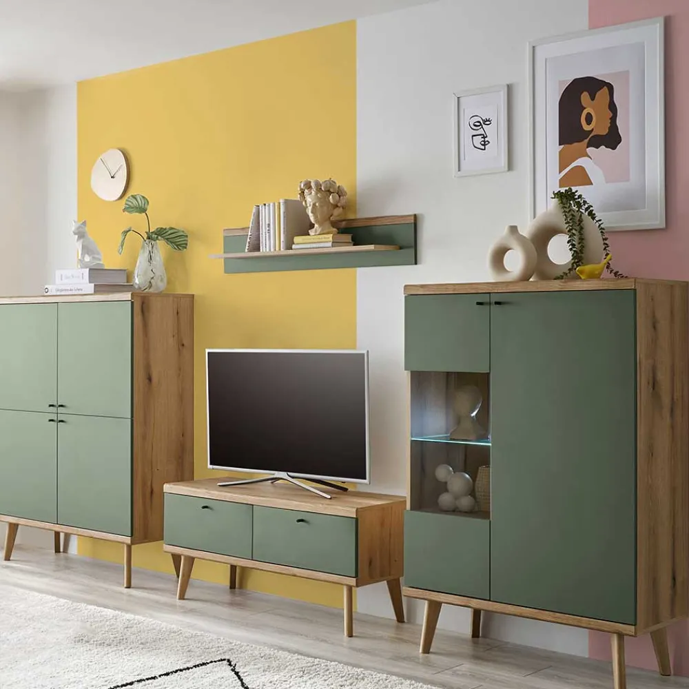 Wohnen Wohnzimmerschränke & Regal in Graugrün - Oliva (vierteilig)