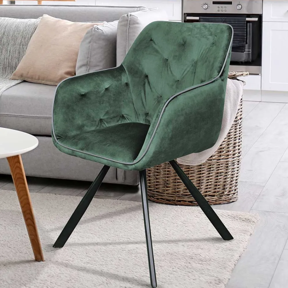 Wohnen Küchenstühle|Esszimmerstühle*Wohnzimmerstuhl mit Armlehnen in Grün Samt - Relindo