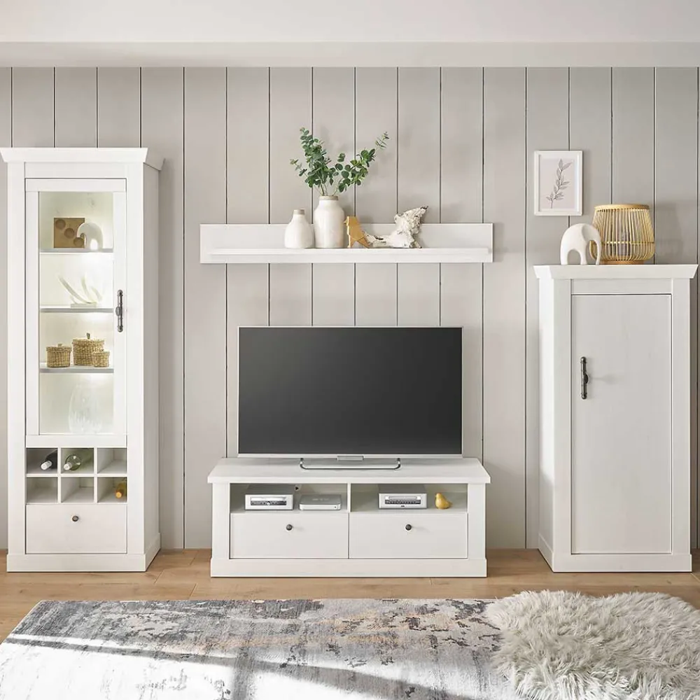 Wohnen Wohnzimmerwohnwand in weißer Holzoptik Pinie - Liancos (vierteilig)