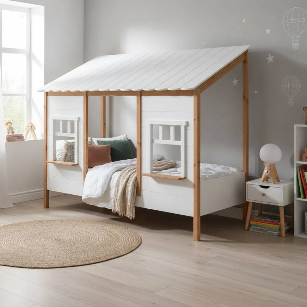 Kinder Wohnen 90x200 Bett mit Rausfallschutz in Haus Optik - Vericia