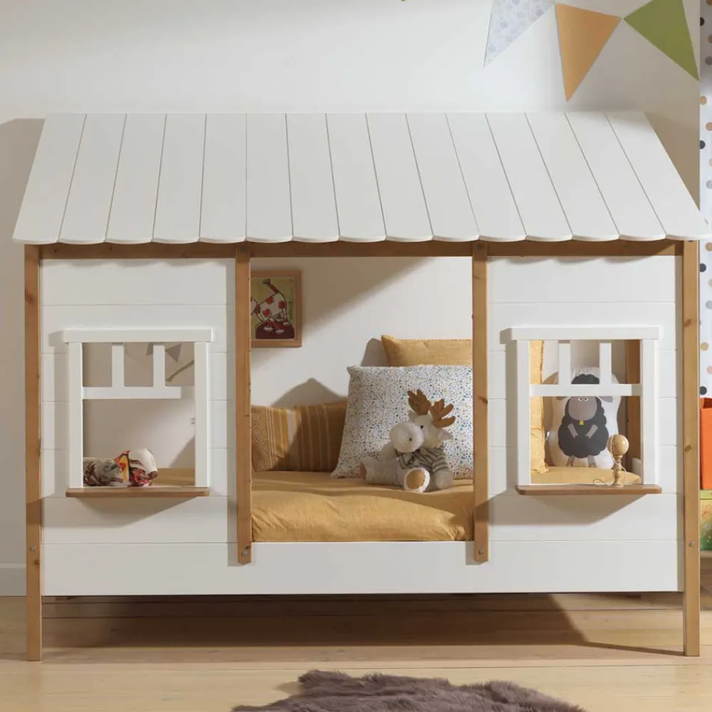 Kinder Wohnen 90x200 Bett mit Rausfallschutz in Haus Optik - Vericia