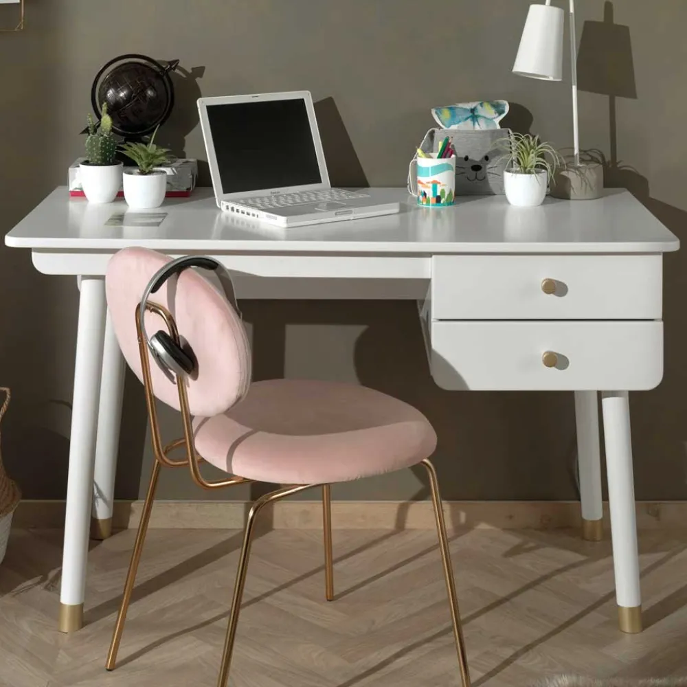 Wohnen Jugendzimmertische|Kinderschreibtische*125x60 Jugend Schreibtisch in Weiß & Gold - Zimventa