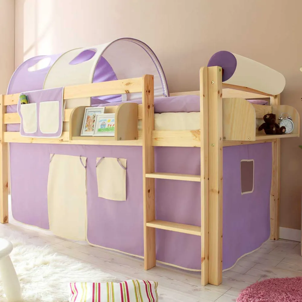 Wohnen Kinderbetten*90x200 Kinderhochbett in Natur & Lila & Beige - Genfra