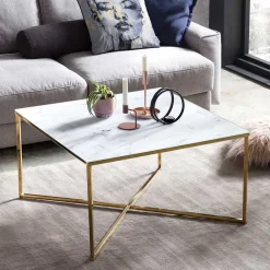Wohnen 80x80 Quadrat Couchtisch in Marmor Optik & Gold - Hulmane