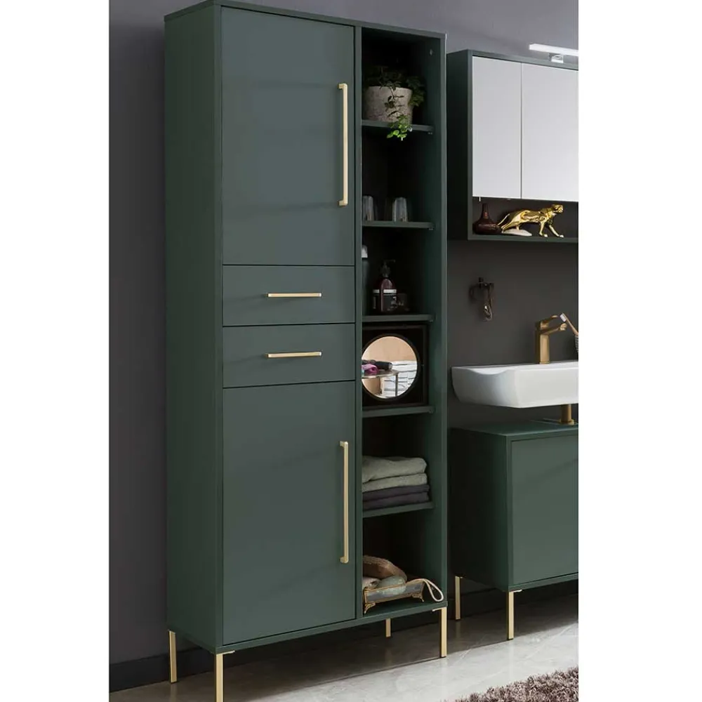 Wohnen Badschränke*67x184x33 Bad Hochschrank in Dunkelgrün & Gold - Aqua
