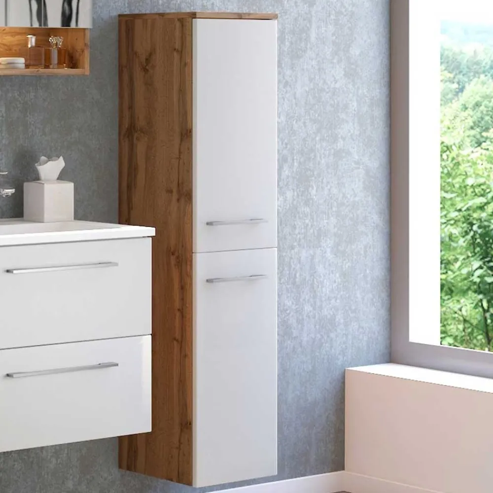 Wohnen Badschränke*30x130x35 Bad Hochschrank in Weiß & Wildeiche - Yazemina
