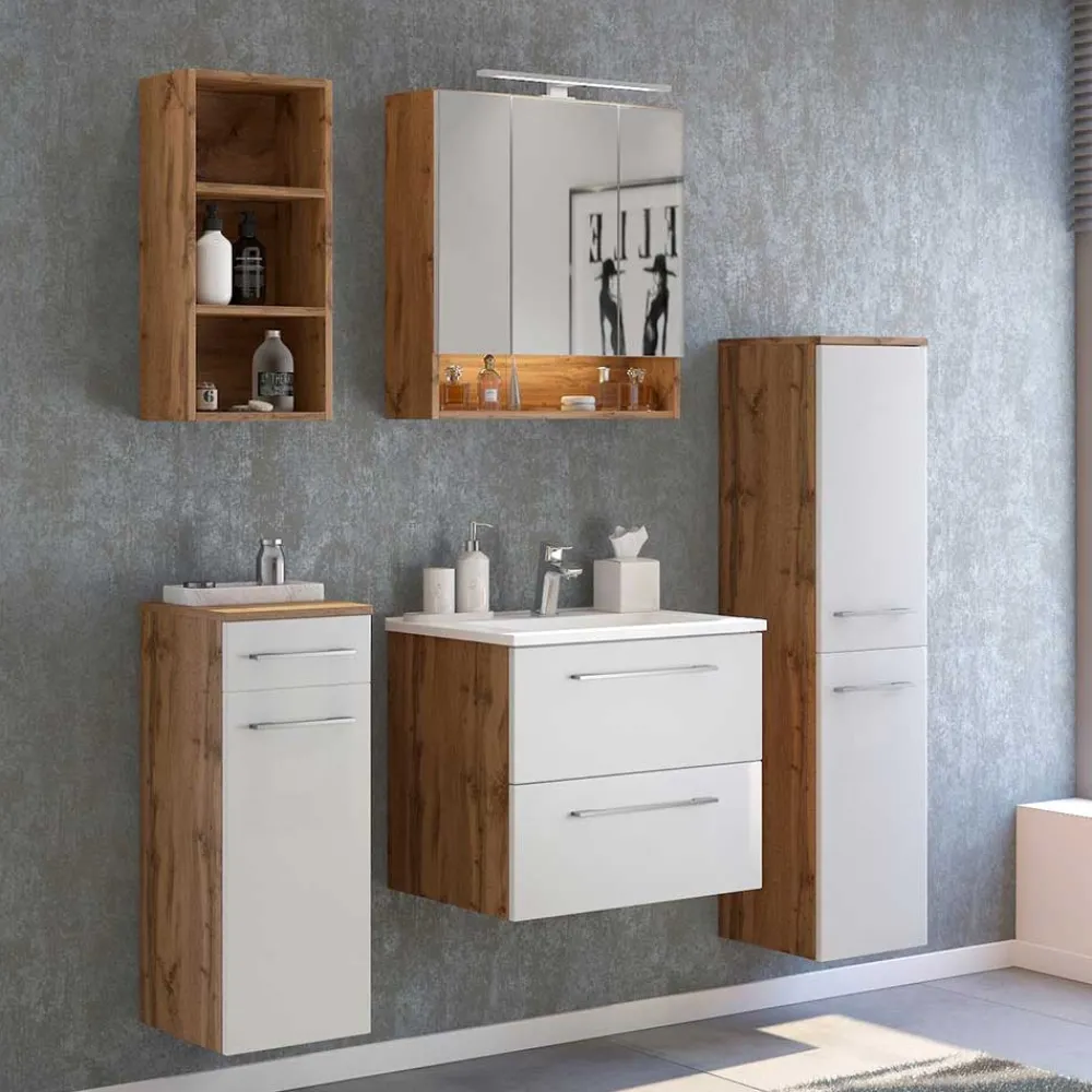 Wohnen Badschränke*30x130x35 Bad Hochschrank in Weiß & Wildeiche - Yazemina