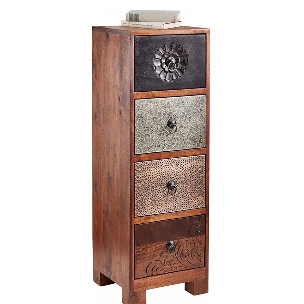 Wohnen 30x85x30 cm Akazie Hochkommode mit Schnitzerei - Welina