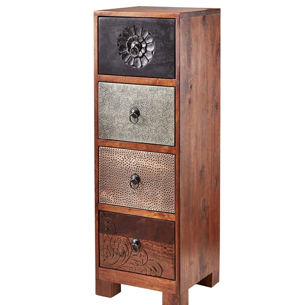 Wohnen 30x85x30 cm Akazie Hochkommode mit Schnitzerei - Welina