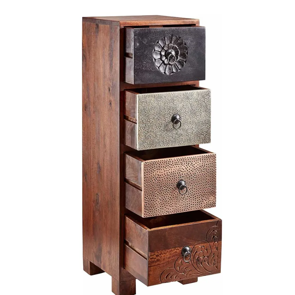 Wohnen 30x85x30 cm Akazie Hochkommode mit Schnitzerei - Welina