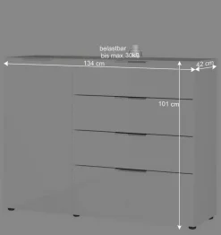 Wohnen 134x101x42 cm Kommode in Weiß mit Glas - Rufu