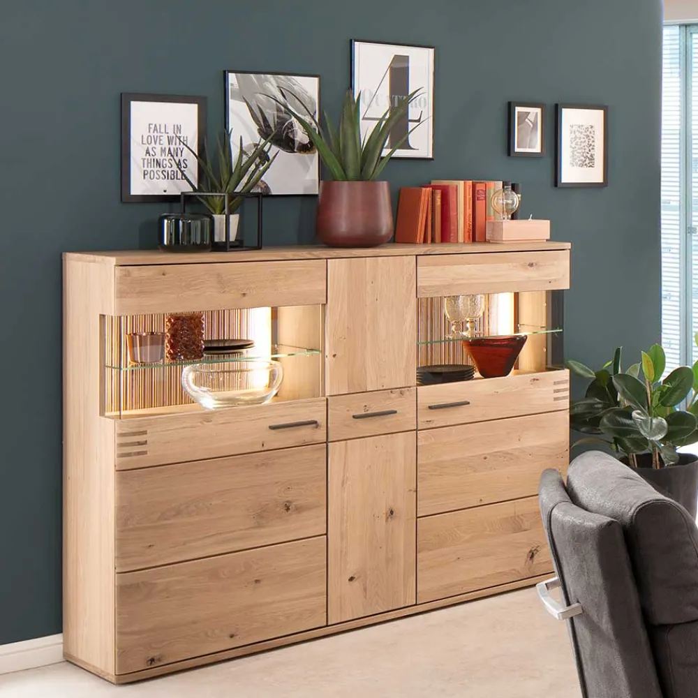 Wohnen 150x121x37 cm Wohnzimmer Schrank in Eiche Bianco - Crupean