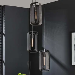 Wohnen 35x150x35 3-flammige Hängeleuchte in Schwarzgrau - Damoda