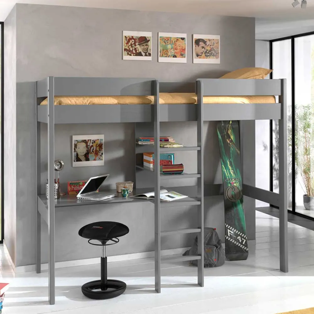 Kinder Wohnen 105x175x208 Graues Hochbett mit Schreibtisch - Wevera