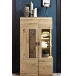 Wohnen Vitrinen|Wohnzimmer-Vitrinen*80x148x37 Highboard mit Glaseinsatz in Holzoptik - Iniaco