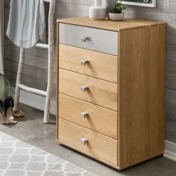 Wohnen Flurkommoden|Sideboards & Kommoden*60x86x43 Hochkommode in Beige Glas & Eiche - Emdsiva