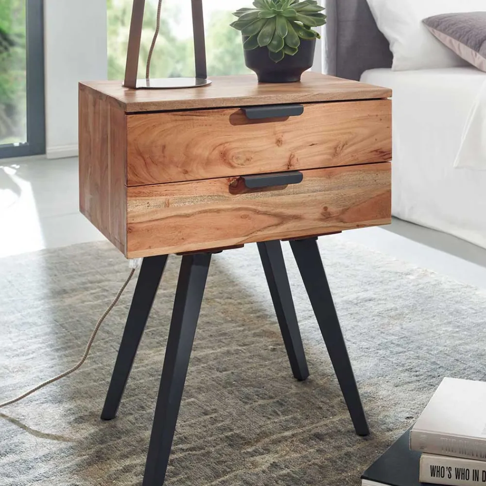 Wohnen 47x65x35 Hohe Nachtkommode aus Akazie Natur - Ishi
