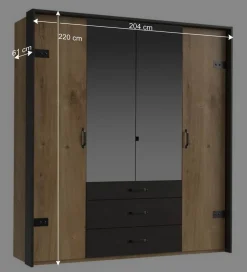 Wohnen Loft Möbel|Industrial Möbel*200x216x58 Kombi-Kleiderschrank mit Spiegeln - Bram