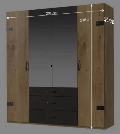 Wohnen Loft Möbel|Industrial Möbel*200x216x58 Kombi-Kleiderschrank mit Spiegeln - Bram