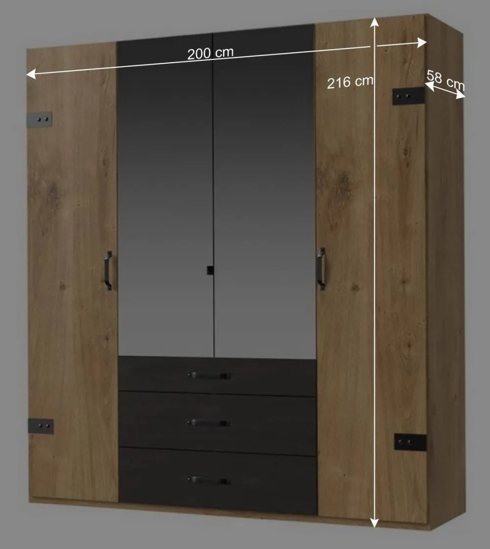 Wohnen Loft Möbel|Industrial Möbel*200x216x58 Kombi-Kleiderschrank mit Spiegeln - Bram